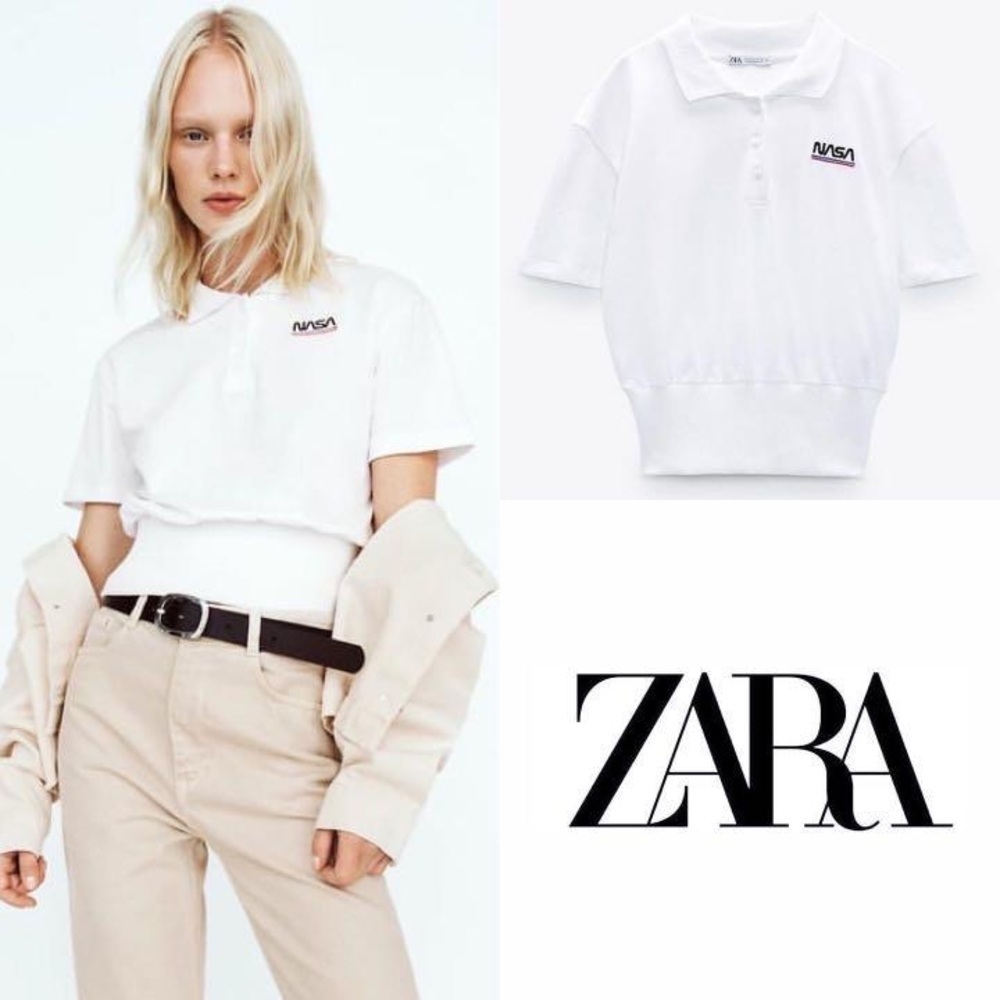 Zara Women’s White NASA Embroidered Logo Polo Shirt short Sleeve Size Small